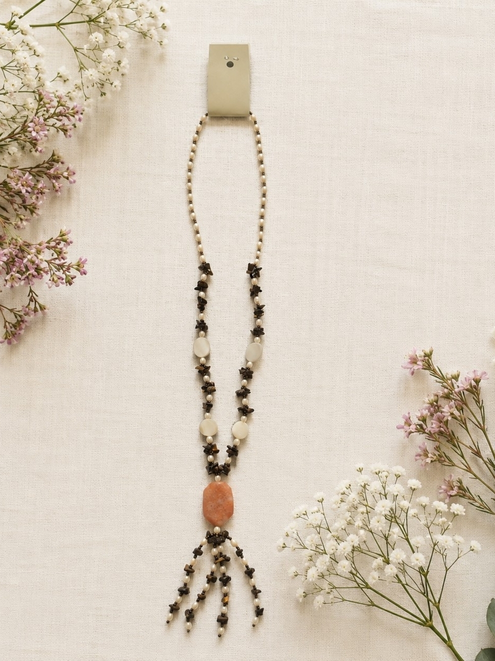 Boho Beaded Necklace Tiger Eye Shell Peach Stone Tassel
